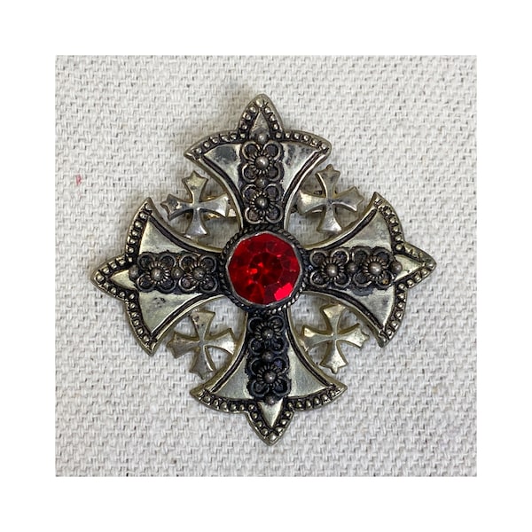 900 silver Jerusalem cross Maltese cross Red Glass Stone Brooch Pendant