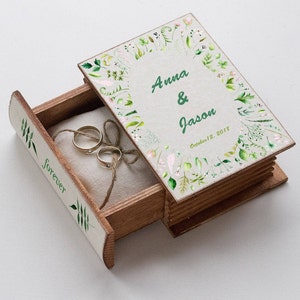 Green Floral Ring box, Wedding ring box, Personalized ring bearer box, Summer Wedding box, Beige Book box, Engagement ring box Proposal box