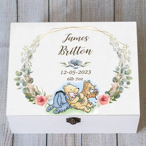 Caja de recuerdos para bebé personalizada, caja de madera clásica de Winnie The Pooh, caja para baby shower, regalo personalizado para bebé niño, caja de recuerdos para recién nacidos, cofre del tesoro