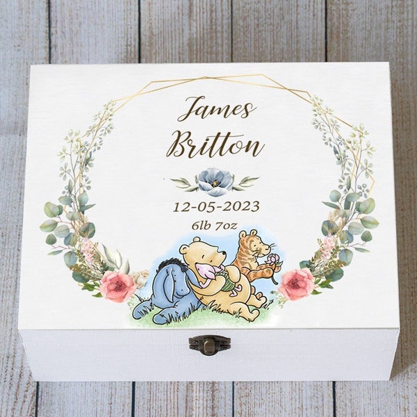 Personalised baby keepsake box, Classic Winnie The Pooh wooden box, Baby Shower box, Custom Baby Boy gift New born memory box Treasure Chest