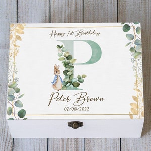 Personalized Peter Rabbit Keepsake Box – 1st Birthday Gift, Custom Wooden Baby Memory Box, Baby Boy or Girl Gift, Nursery Decoration