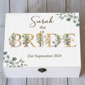 Personalised Bride Gift Box – Wedding Day Keepsake Box – Floral Wooden Chest – Eucalyptus & Gold – Luxury Bridesmaid or Bride Gift