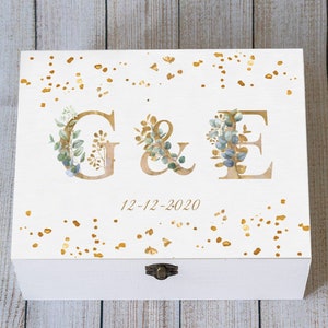 Personalized Monogram Memory box, Wooden Keepsake Box, Floral Card Box, Gold Alphabet card box, Custom card Box, Wedding Gift for couple