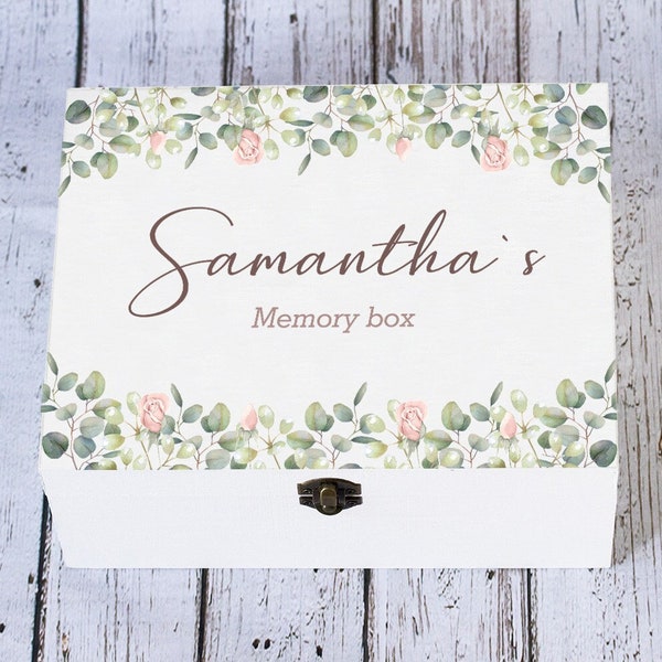 Personalized Memory box, Keepsake Box, Floral memory box, Wooden chest, Custom Wooden Box, Birthday Gift, Eucalyptus leaves box White box
