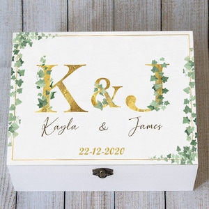 Boîte souvenir personnalisée de mariage, boîte de mariage monogramme, boîte pour cartes alphabet or, mariage de feuilles de lierre, cadeau de mariage lierre, boîte en bois