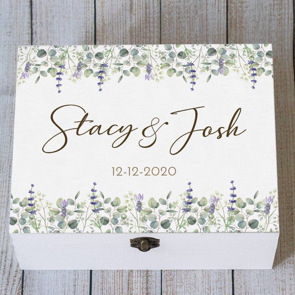 Wedding Keepsake Box, Personalized Memory box, Eucalyptus Wedding box, Anniversary box, Custom wedding gift, Floral wedding card box