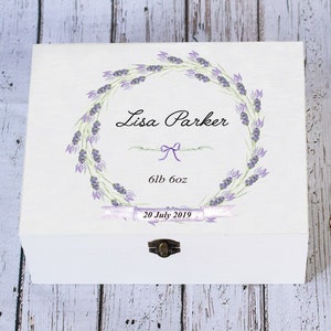 Personalised Baby Keepsake Box – Lavender Memory Box – Custom Newborn Gift – Baby Shower Present – Wooden Gift for New Baby