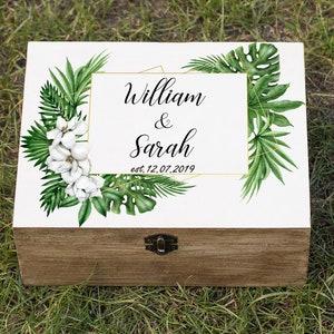 Caja de recuerdos de boda en la playa tropical: palmera personalizada, regalo de boda de verano para pareja, caja para tarjetas de boda de destino