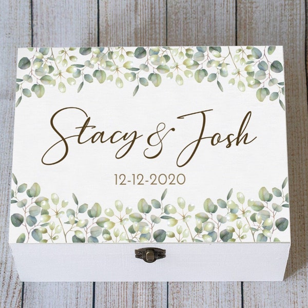 Personalized Wedding Keepsake Box, Floral Memory box, Eucalyptus card Box, Anniversary box, Personalized Wedding Gift for Couple, Wooden box