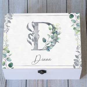 Personalized Memory box, Floral Keepsake Box, Monogram Box, Wooden chest, Initial Wooden Box, Birthday Gift, Eucalyptus leaves box White box