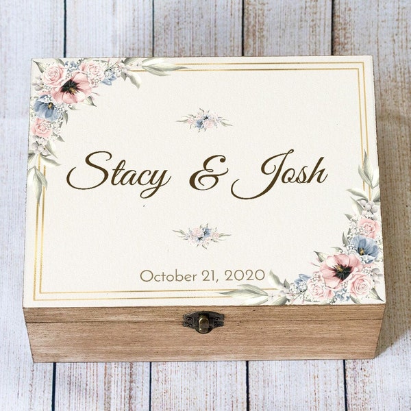 Personalized Wedding Keepsake Box, Custom Memory box for wedding, Floral card box, Roses flowers Wedding Box, Roses card box, Wooden chest