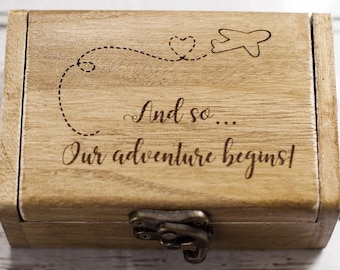 Personalized ring box, Wedding ring holder, Engraved our adventure begins ring box, Rustic Ring Bearer Box,  Proposal Engagement box Ring