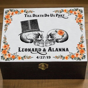 Boîte souvenir de mariage gothique - Boîte à souvenirs Till Death Do Us Part, boîte pour cartes personnalisée noire avec têtes de mort, coffre de mariage Halloween