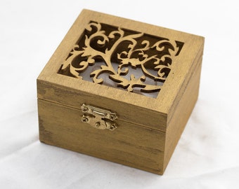 Gold wedding ring box, Ring bearer box, Wedding box, Memory box Rustic wedding box Ring Bearer Pillow Engagement box Wooden ring box Holder