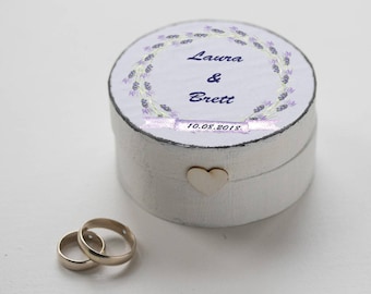 Hochzeit Ringbox, Ringträger Box Blumen, weißes Ringbox, personalisierte Hochzeitsbox Lila Kranz Hochzeitsbox Ringhalter Vorschlag benutzerdefinierte Box