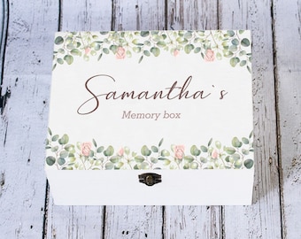 Personalized Floral Keepsake Box: Eucalyptus Wooden Memory Chest