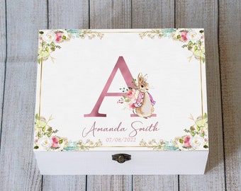 Personalised baby keepsake box, Peter Rabbit Memory box, Baby Shower box, Custom Baby girl gift, Newborn wooden box, New Mom Gift
