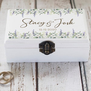 Personalized Wedding ring box, Eucalyptus / Lavender Ring box, Custom Ring bearer box, White & green wedding box,  Proposal box, Ring pillow