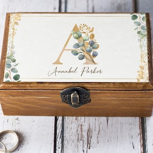 Personalized Floral Initial Box – Custom Wooden Ring Box – Name Gift for Birthday, Anniversary, Proposal – White Keepsake Box,  Gift for her