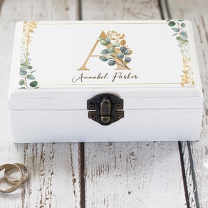 Personalised Name and Initial box, Gold Floral Alphabet box, White ring box, Birthday gift, Anniversary gift, Proposal box Custom wooden box