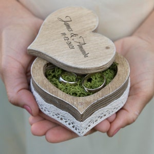Heart-Shaped Engraved Ring Box – Rustic Wedding Ring Bearer Box with Moss, Proposal & Engagement Ring Holder, Ring bearer gift