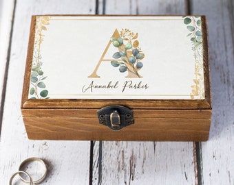 Gold Floral Alphabet box, Personalised Name and Initial box, Birthday gift, Anniversary gift, White ring box, Proposal box Custom wooden box