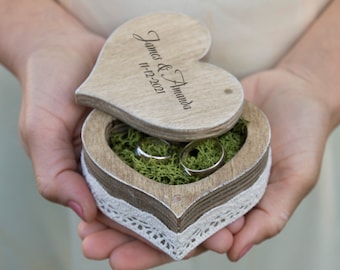 Engraved ring box, Wedding ring bearer box, Rustic Ring Box, Heart Shaped ring box, Proposal box, Engagement box Ring Holder with Moss