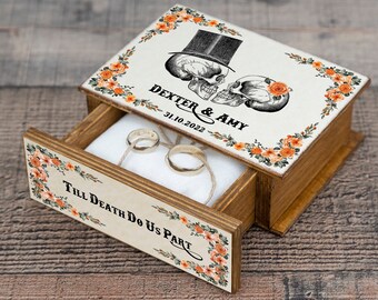 Gothic Wedding Ring Box – Till Death Do Us Part Skull Ring Bearer Box with Orange Roses Halloween Proposal or Engagement Box Custom Ring Box