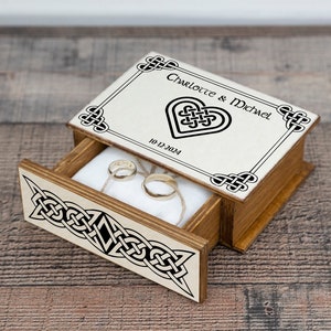 Personalised Celtic Ring Box – Wedding or Proposal Gift – Celtic Knot & Heart Design – Book Style Ring Bearer Box – Custom Ring Box