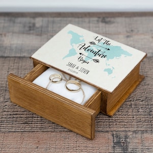 Caja para anillos "Aventura comienza": porta anillos de boda de viaje personalizado, caja para anillos, recuerdo de compromiso, regalo de propuesta para pareja
