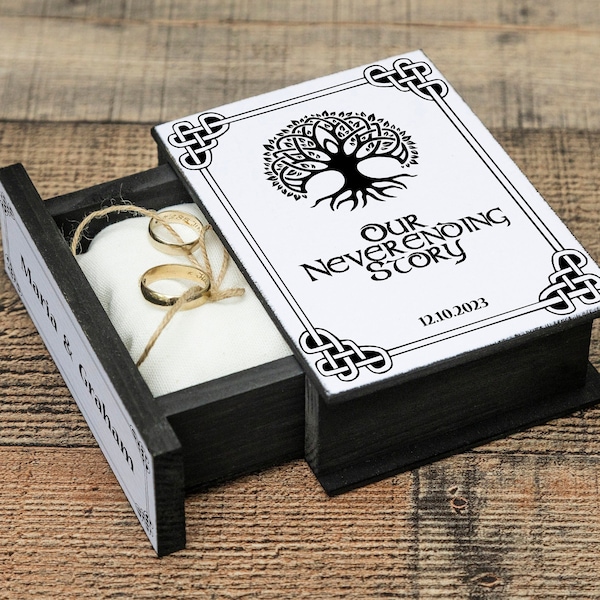 Boîte au porteur d'anneaux celtique, boîte à bagues de mariage celtique, boîte à bagues arbre de vie, boîte de mariage noire, boîte à bagues personnalisée, boîte de livre de fiançailles celtique