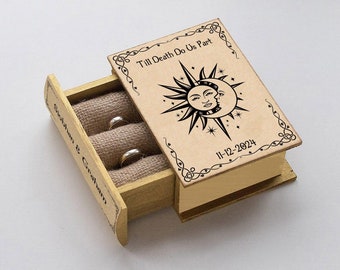 Boîte à bagues en or, boîte à alliances soleil et lune, boîte au porteur d'anneaux celtiques, boîte de mariage céleste, boîte à bagues personnalisée, boîte de livre, boîte de fiançailles
