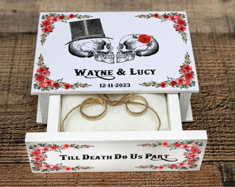 Till death do us part Wedding Ring box, Gothic Ring bearer box, Halloween wedding box, Personalized ring box with roses Engagement book box