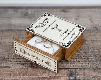 Once Upon a Time Wedding Ring Box – Book-Shaped Ring Bearer Box, Personalized Wooden Engagement Ring Holder, Fairytale Proposal Keepsake