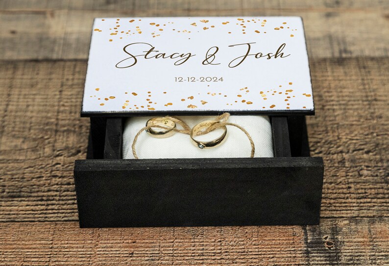 Wedding ring box, White & gold ring box, Personalized wedding box, Ring bearer box, Custom wedding box, Wood Book box Engagement box /pillow image 7