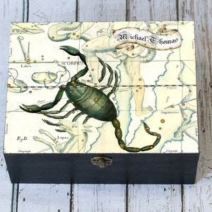 Dierenriemdoos Schorpioen – Hemelse houten aandenkenkist – Astrologiegeheugendoos – Verjaardags- of kerstcadeau – Cadeau sterrenbeeld Schorpioen