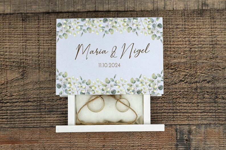 Personalized Wedding ring box, Eucalyptus Ring box, Custom Ring bearer box, White & green wedding box, Wood Book box, Proposal box /pillow image 1