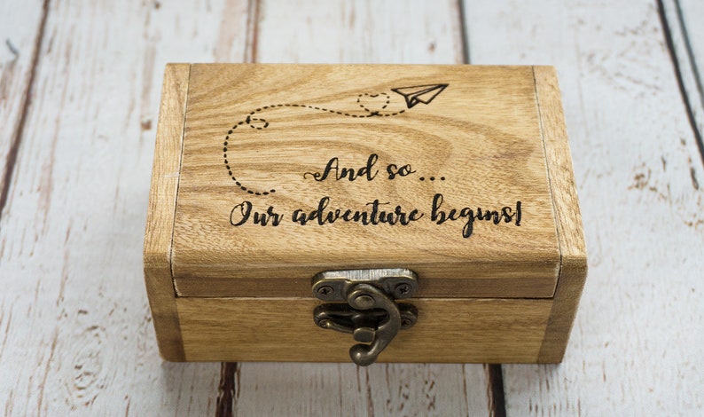 Engraved ring box, Personalized wedding ring box, White Ring Bearer Box, Our adventure wedding box, Proposal Engagement box Ring Holder image 8