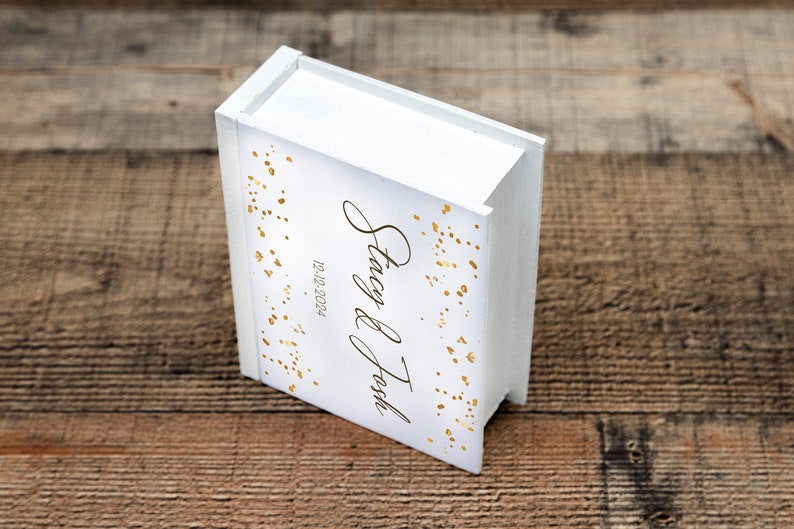Wedding ring box, White & gold ring box, Personalized wedding box, Ring bearer box, Custom wedding box, Wood Book box Engagement box /pillow image 3
