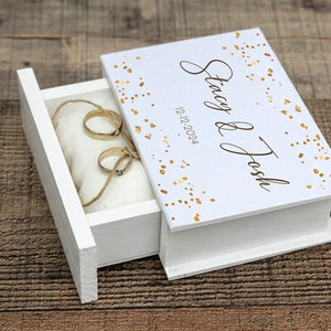 Wedding ring box, White & gold ring box, Personalized wedding box, Ring bearer box, Custom wedding box, Wood Book box Engagement box /pillow image 2