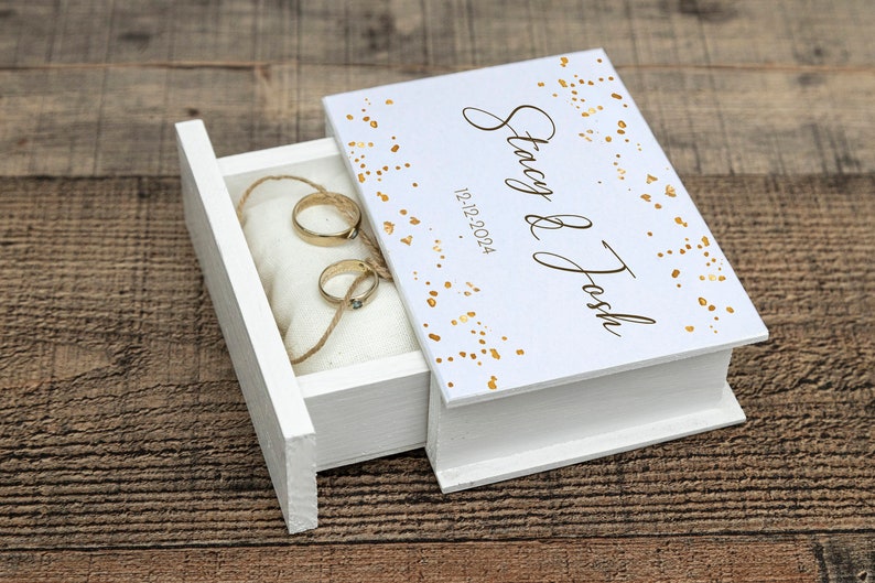 Wedding ring box, White & gold ring box, Personalized wedding box, Ring bearer box, Custom wedding box, Wood Book box Engagement box /pillow image 2