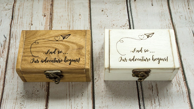 Engraved ring box, Personalized wedding ring box, White Ring Bearer Box, Our adventure wedding box, Proposal Engagement box Ring Holder image 3