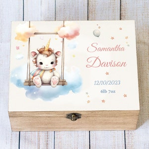Personalizowane pudełko na pamiątki dla dziecka – pudełko na pamiątki z jednorożcem, spersonalizowany prezent dla noworodka, prezent na baby shower i prezent dla malucha, kapsuła czasu