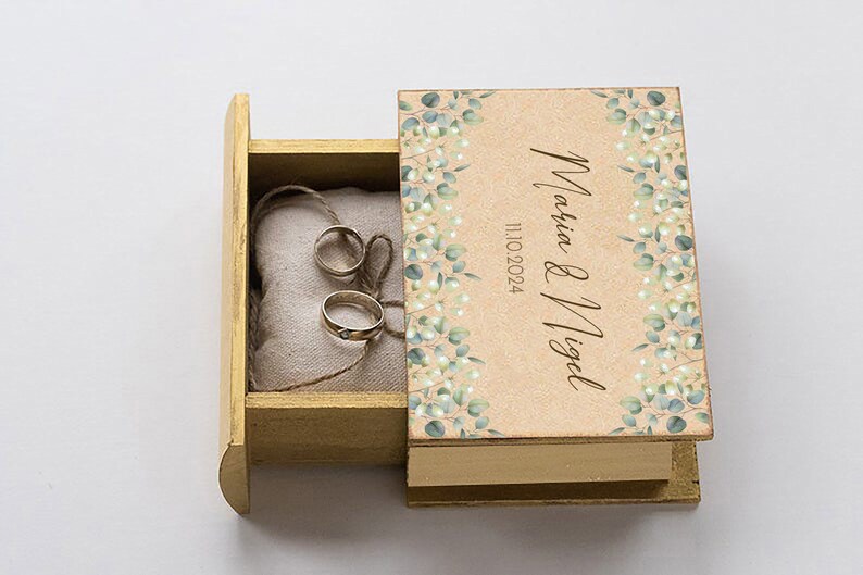 Personalized Wedding ring box, Eucalyptus Ring box, Custom Ring bearer box, White & green wedding box, Wood Book box, Proposal box /pillow image 8