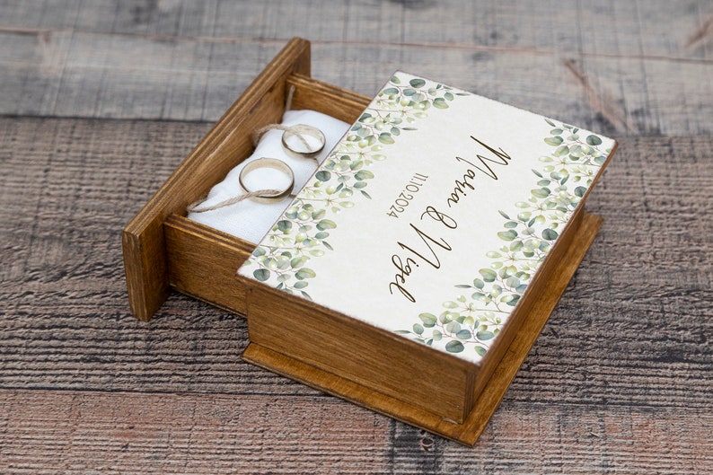Personalized Wedding ring box, Eucalyptus Ring box, Custom Ring bearer box, White & green wedding box, Wood Book box, Proposal box /pillow image 6