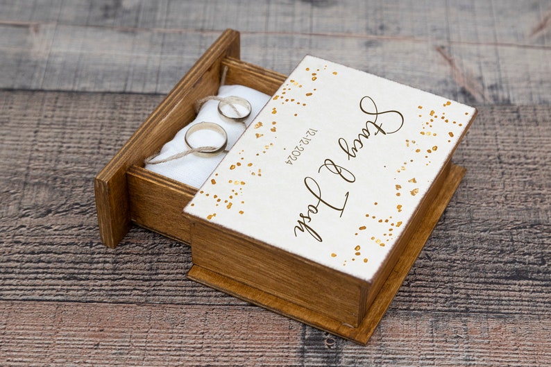 Wedding ring box, White & gold ring box, Personalized wedding box, Ring bearer box, Custom wedding box, Wood Book box Engagement box /pillow image 8