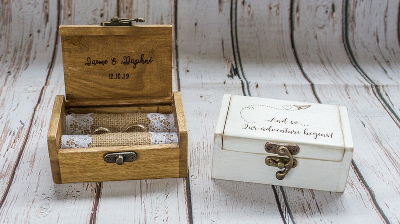 Engraved ring box, Personalized wedding ring box, White Ring Bearer Box, Our adventure wedding box, Proposal Engagement box Ring Holder image 5