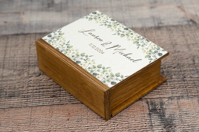 Personalized Wedding ring box, Eucalyptus Ring box, Custom Ring bearer box, White & green wedding box, Wood Book box, Proposal box /pillow image 4