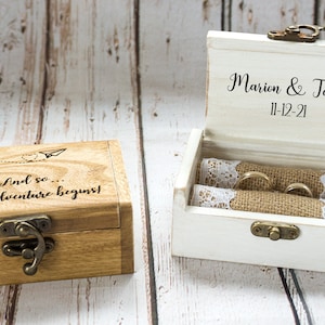 Engraved ring box, Personalized wedding ring box, White Ring Bearer Box, Our adventure wedding box, Proposal Engagement box Ring Holder image 4
