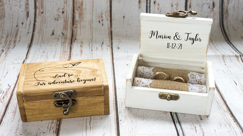 Engraved ring box, Personalized wedding ring box, White Ring Bearer Box, Our adventure wedding box, Proposal Engagement box Ring Holder image 4